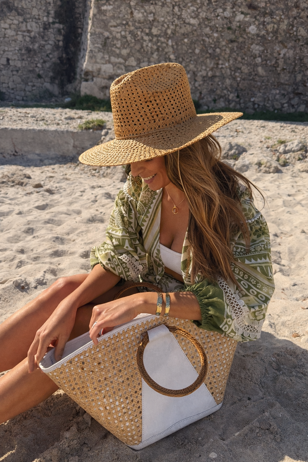 Paros – Cabas cuir & cannage naturel – OYA HUMANI – vue 2