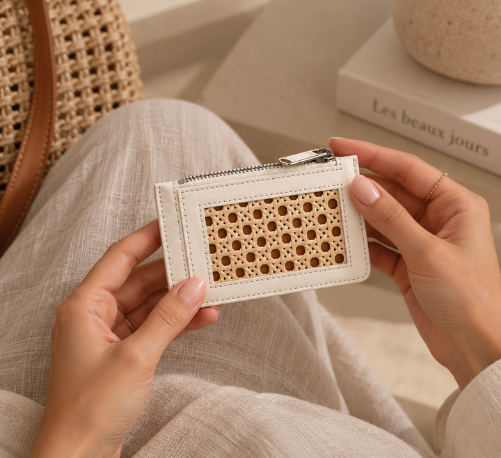 Ponza – Porte-cartes cuir & cannage