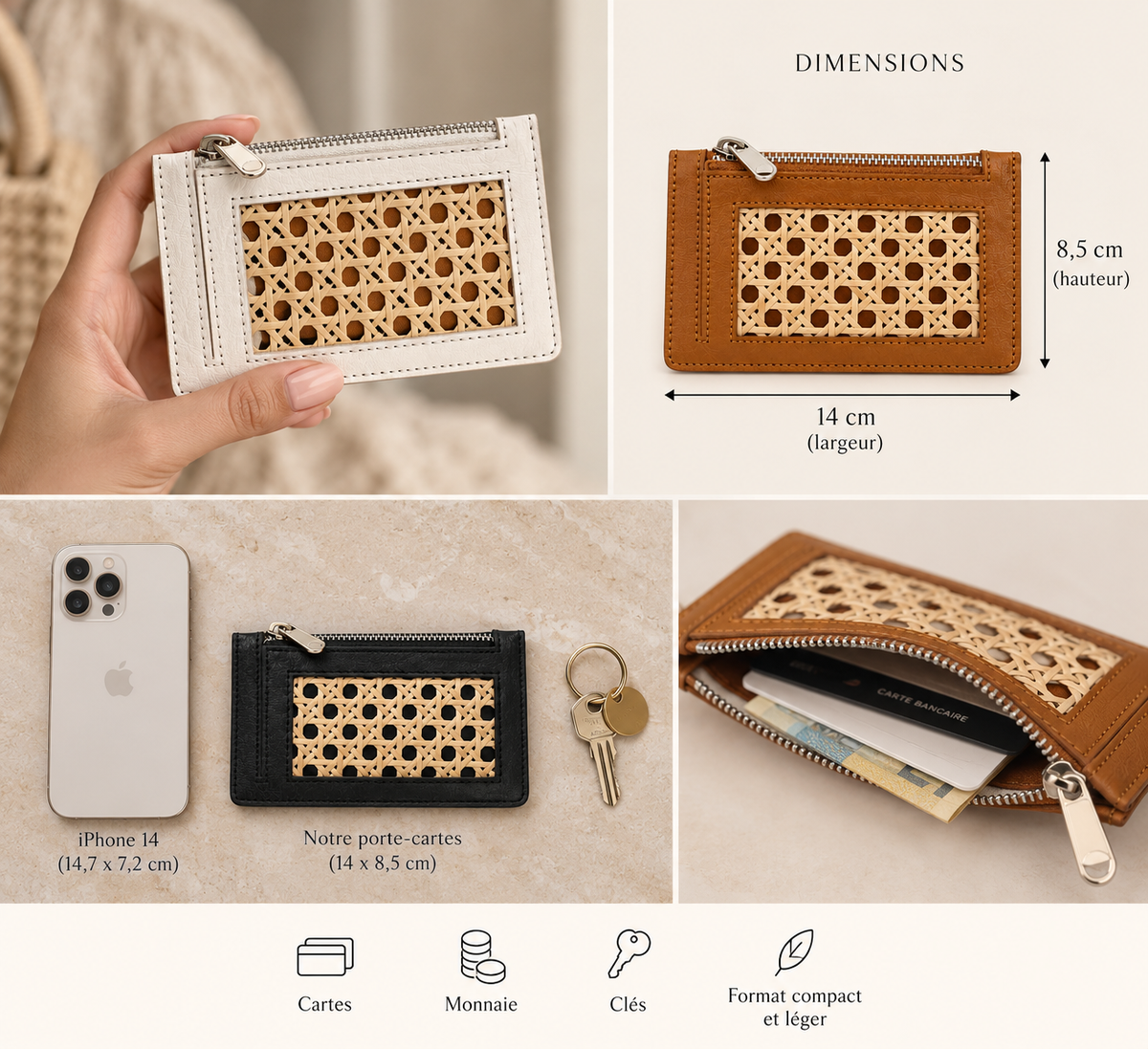 Ponza – Porte-cartes cuir & cannage – OYA HUMANI – vue 4